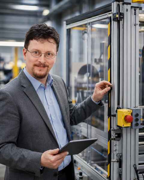 Ingenieur prüft Maschinensicherheit