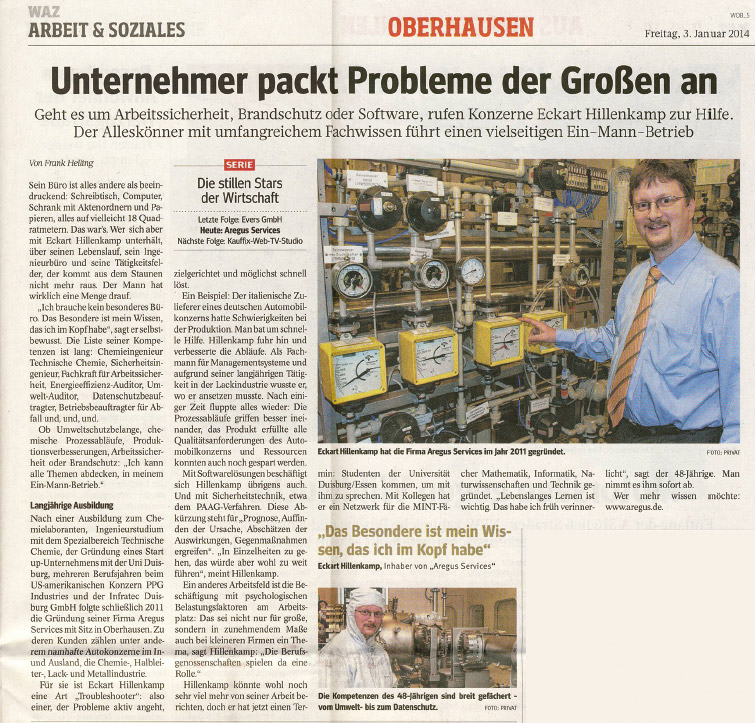 Artikel über AREGUS Services in der WAZ vom 03.01.2014